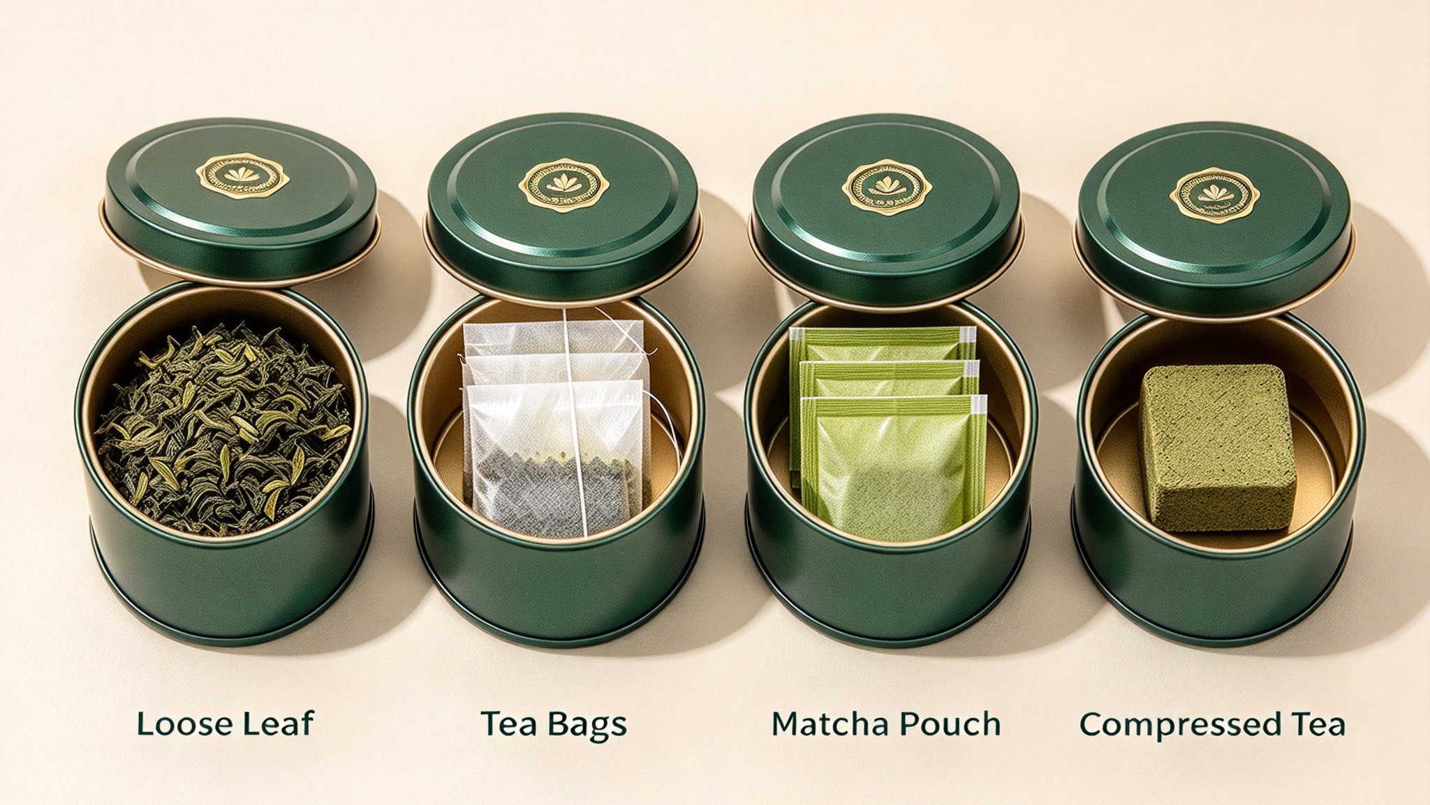 different tea formats packed inside a custom tea tin