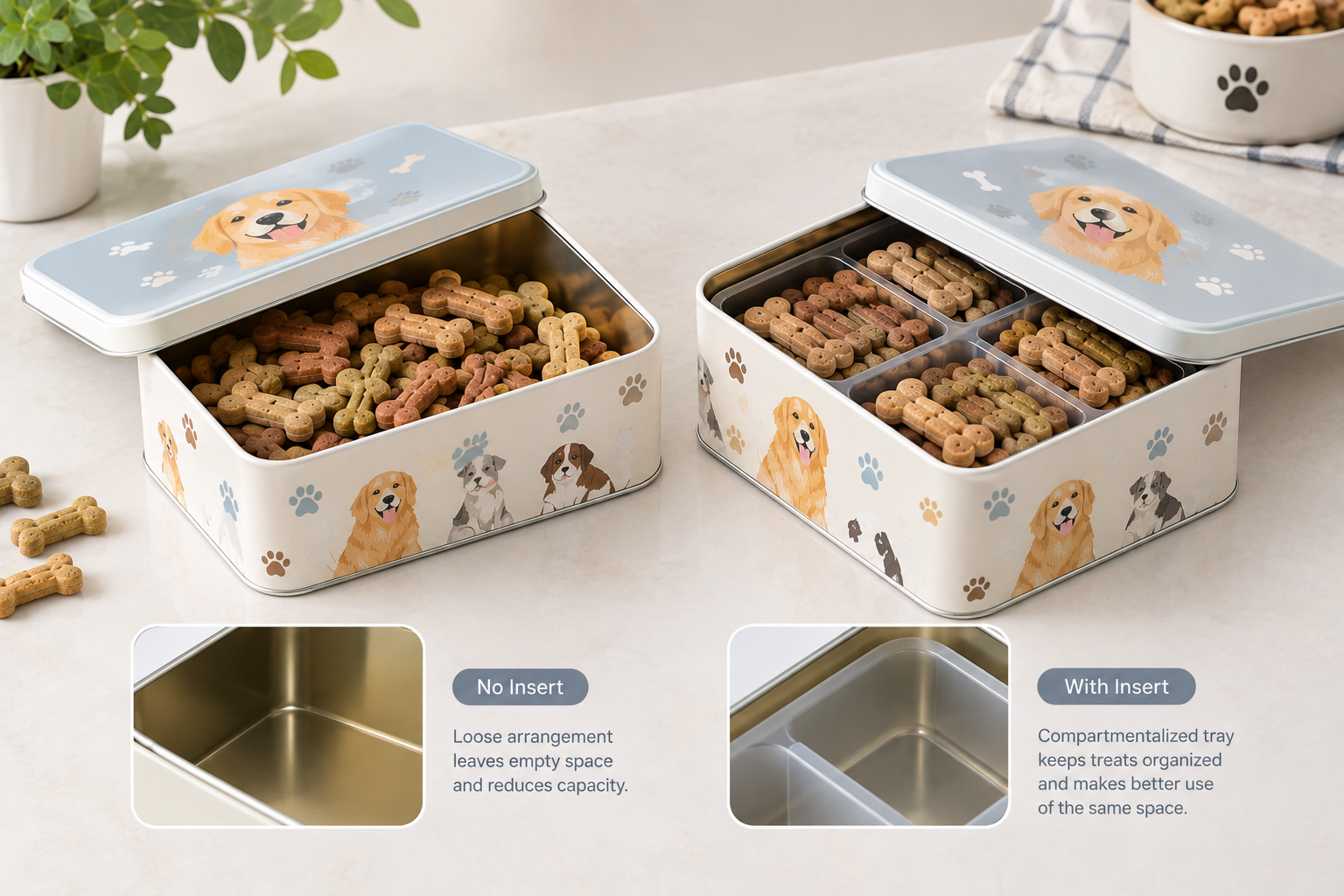 dog treat tin with internal insert