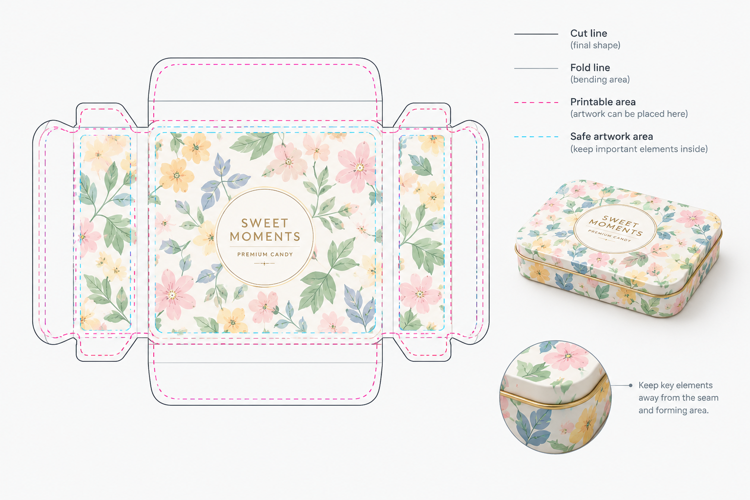 candy tin artwork template with printable and safe areas