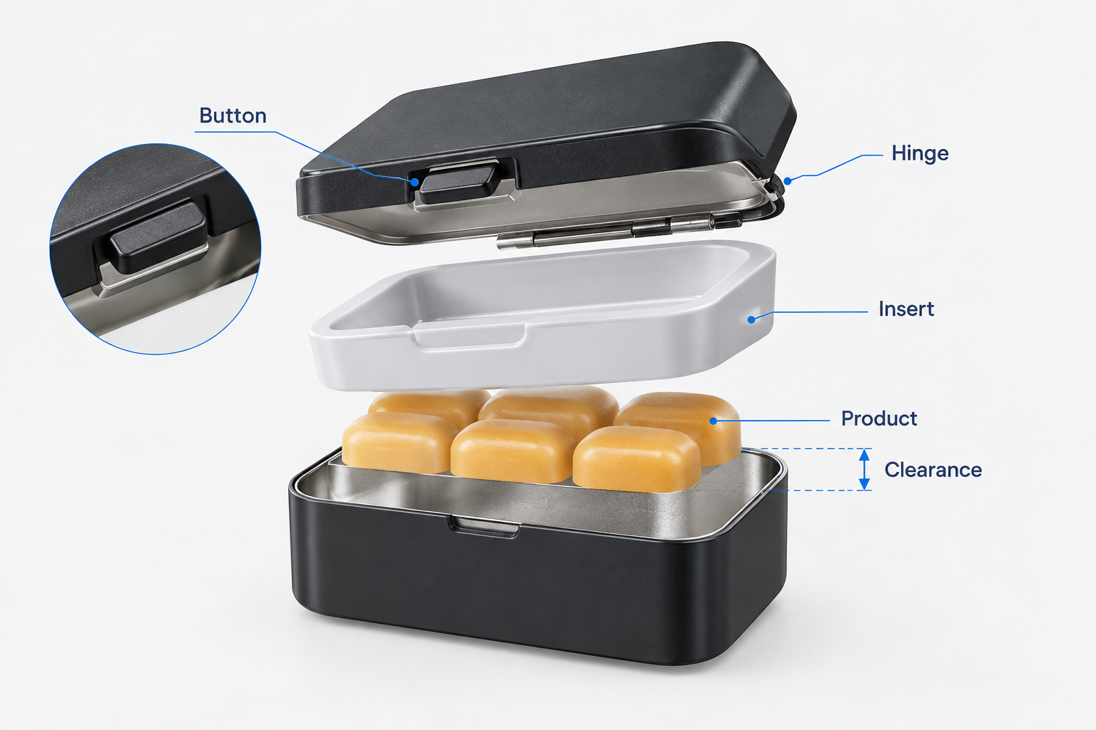 child resistant tin internal structure with button and insert