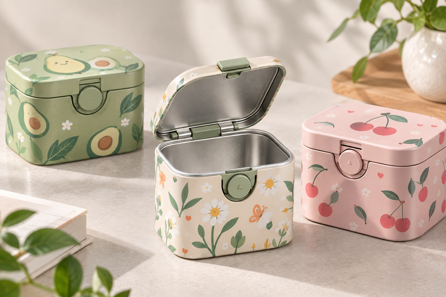 child resistant tin packaging with flip cover and button lock