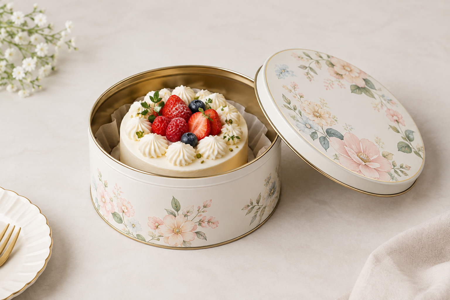 custom cake tin packaging with mini cake