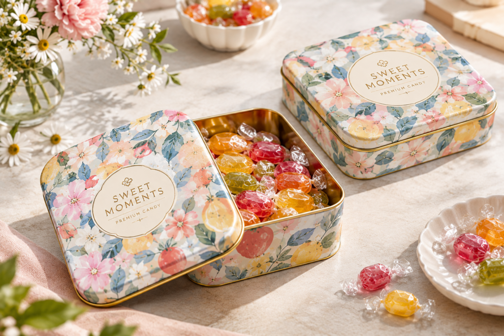 custom candy tin packaging with colorful candies