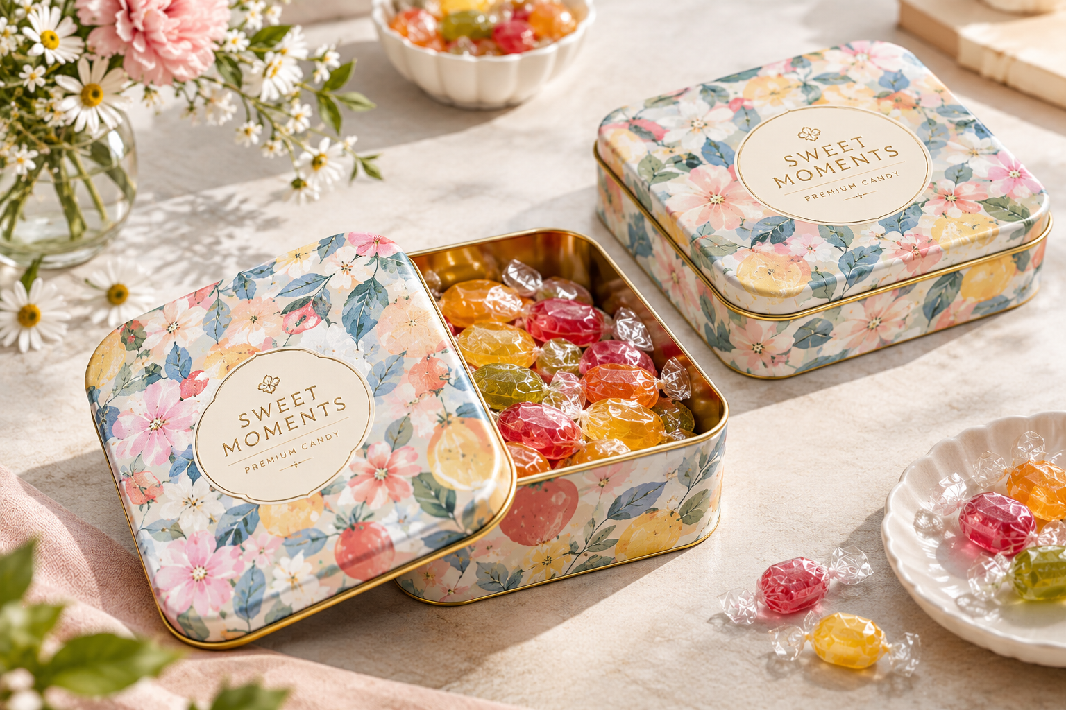 custom candy tin packaging with colorful candies