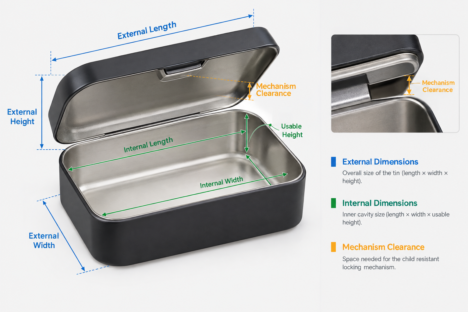 custom child resistant tin internal and external dimensions