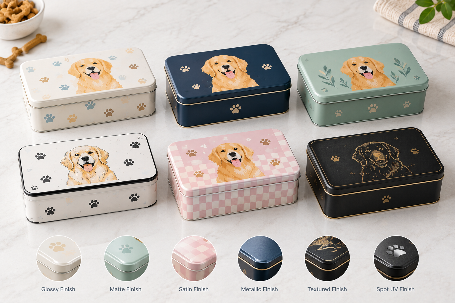 custom dog treat tin artwork and surface finish