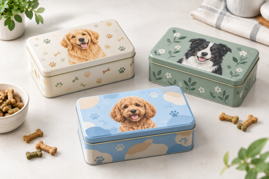 custom dog treat tins for pet brand packaging