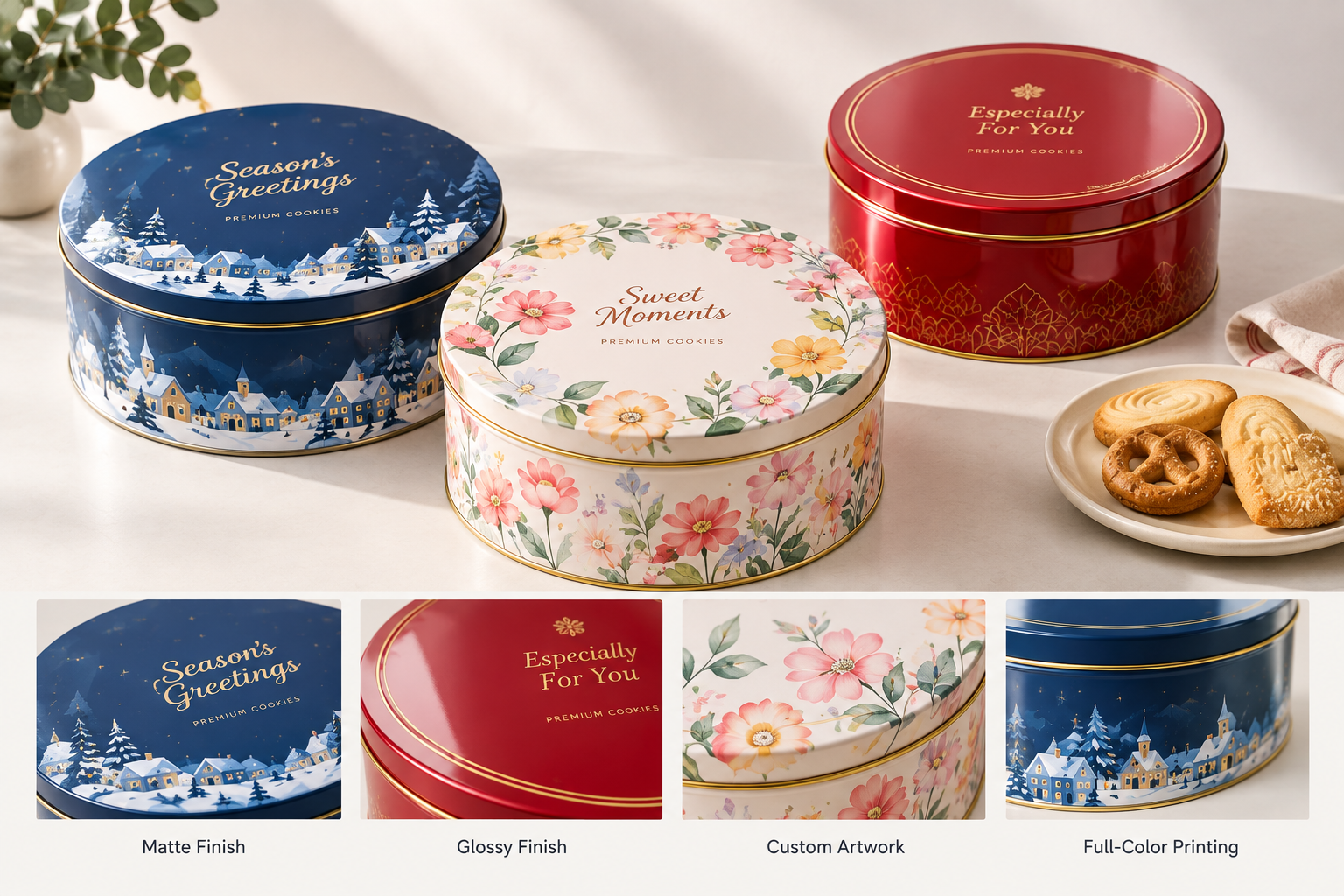 custom printed round cookie tin with matte and glossy finishes