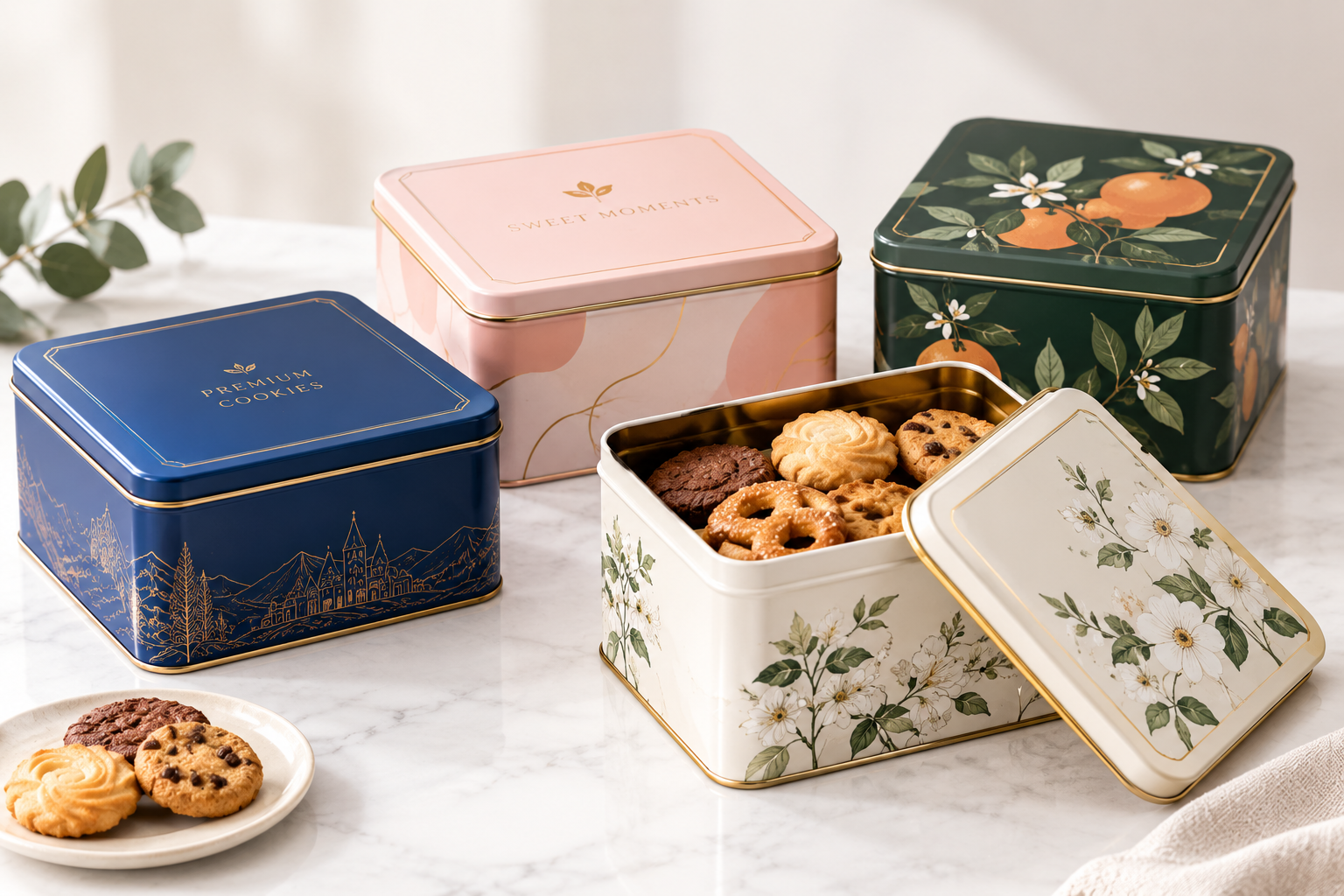 custom square cookie tin packaging with branded designs