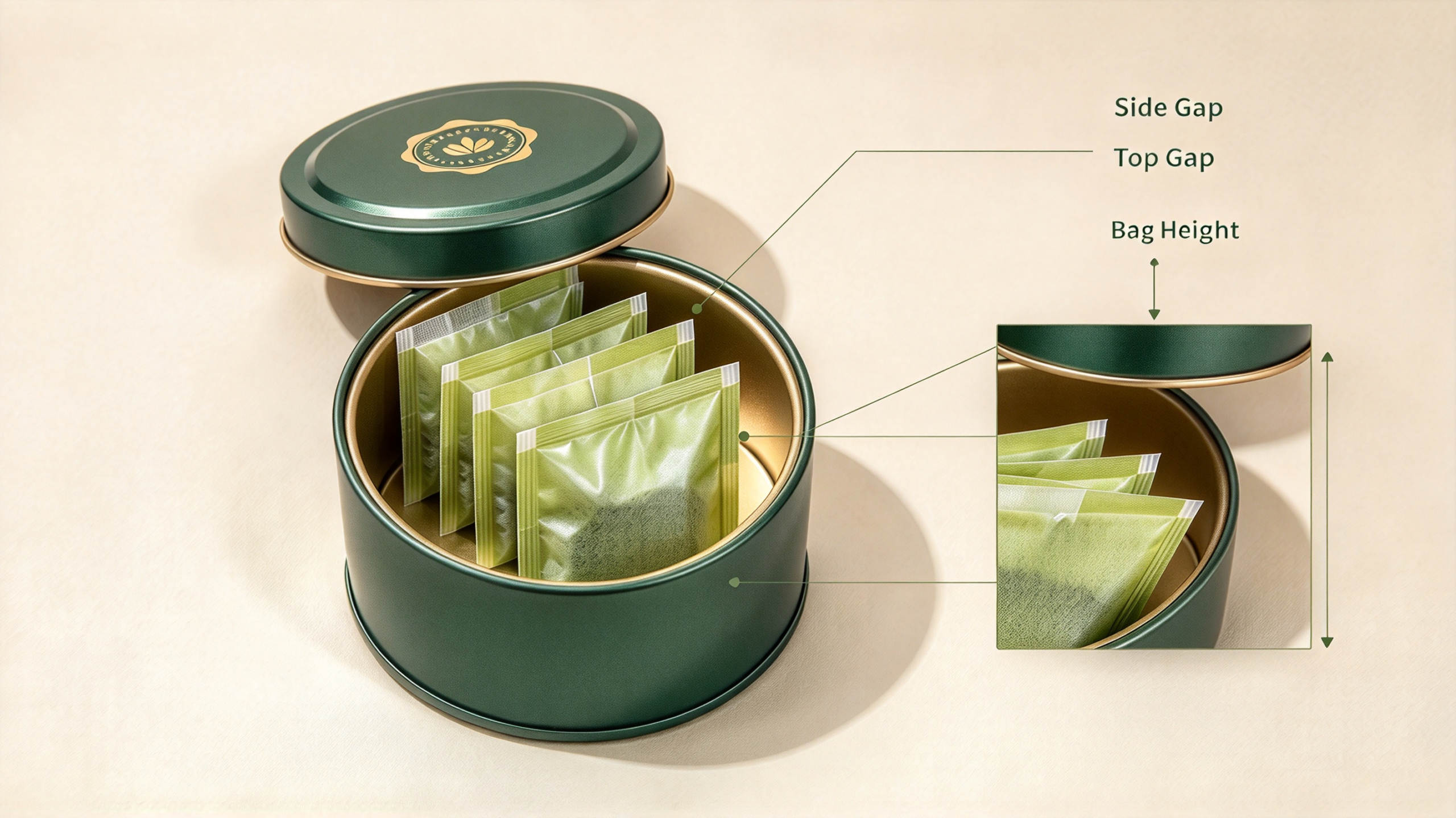 custom tea tin sample with filled tea pouch fit check