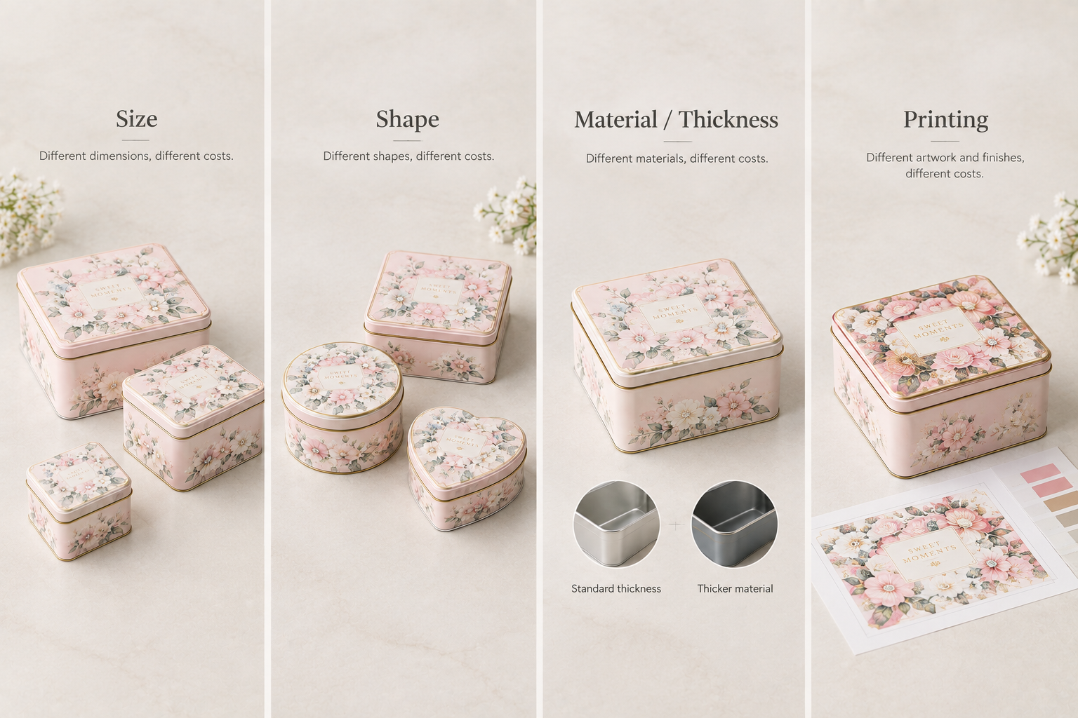 custom tin box cost factors including size shape material and printing