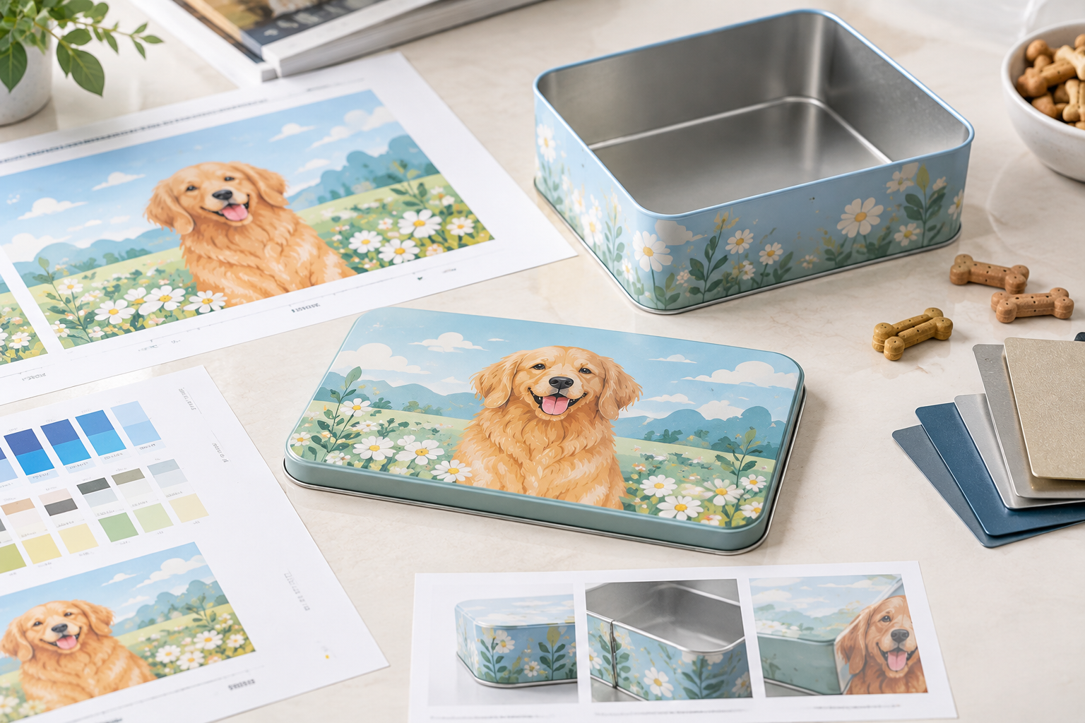 dog treat tin artwork applied to metal packaging