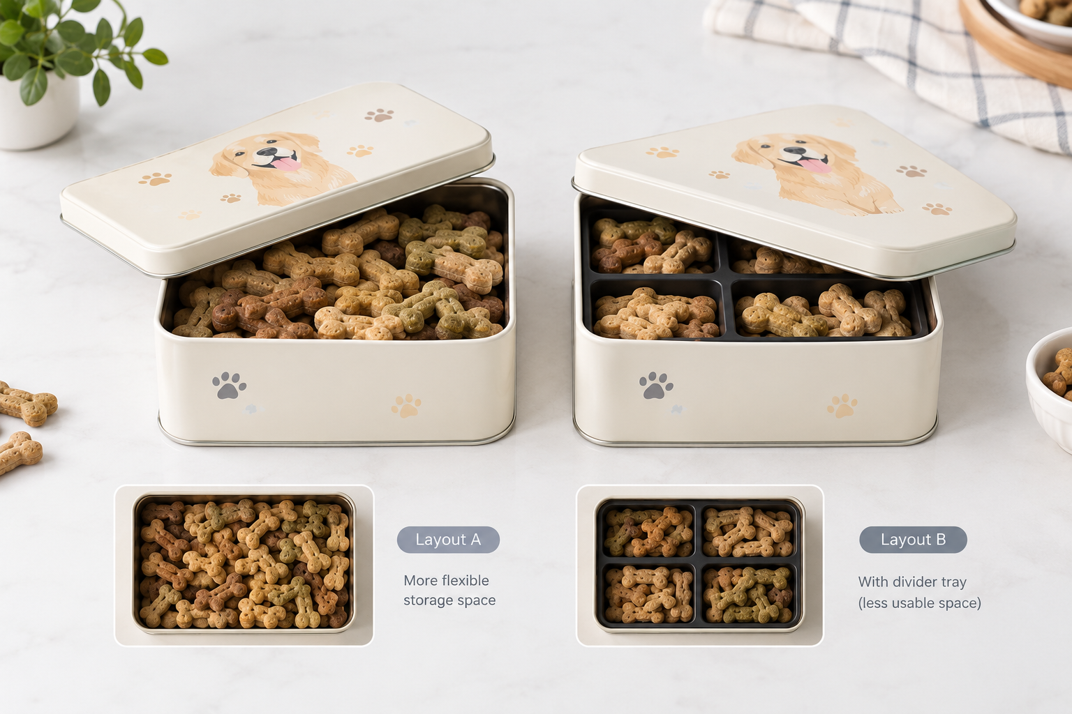 dog treat tin internal space comparison