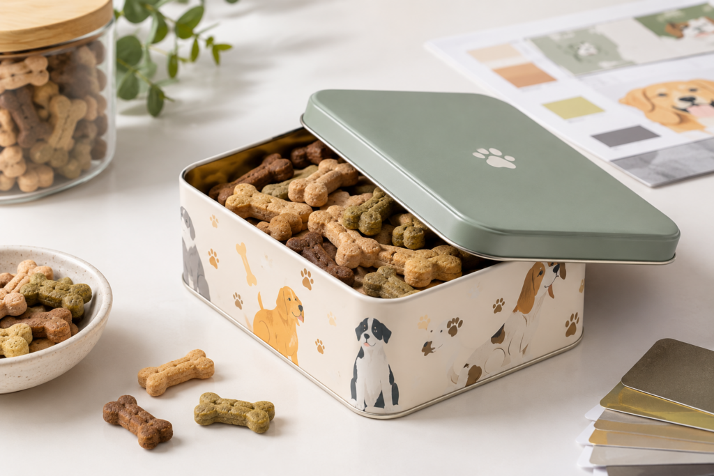 dog treat tin packaging for dog treats