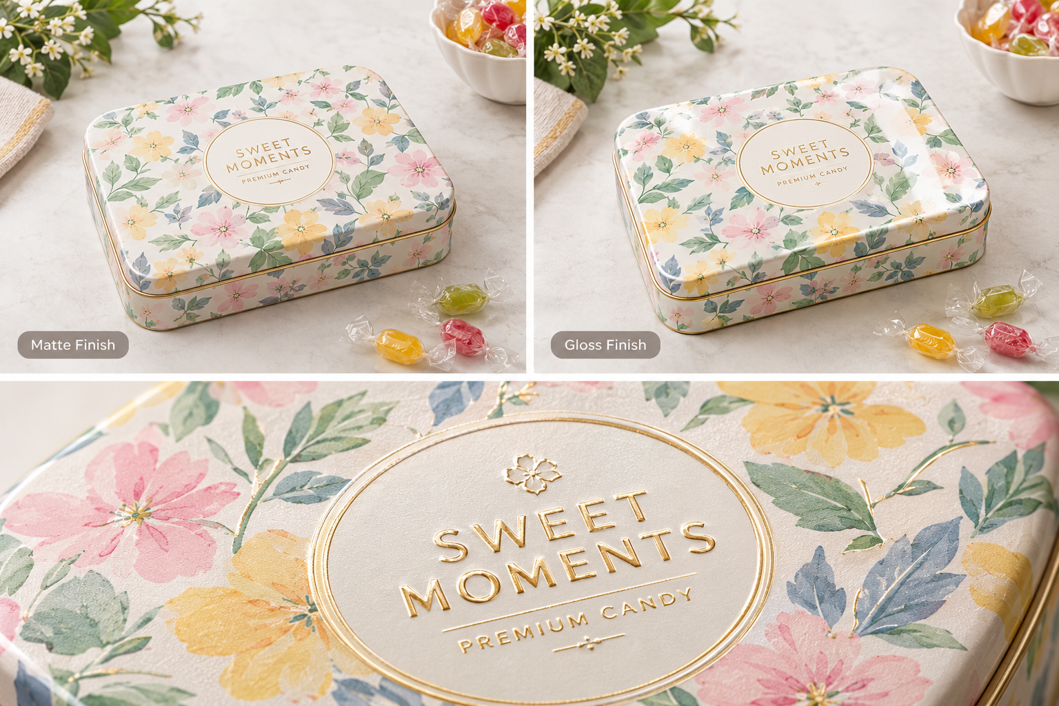 embossed logo on custom printed candy tin