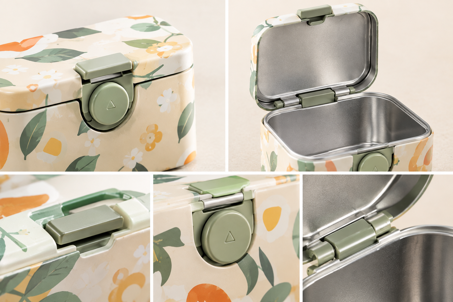 flip cover child resistant tin with button locking mechanism