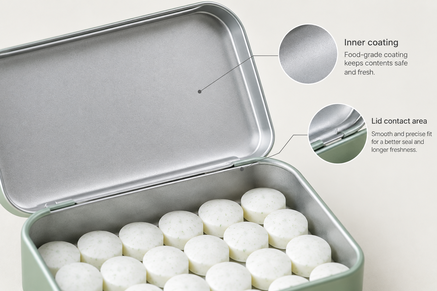 mint tin inner coating and lid contact area close-up