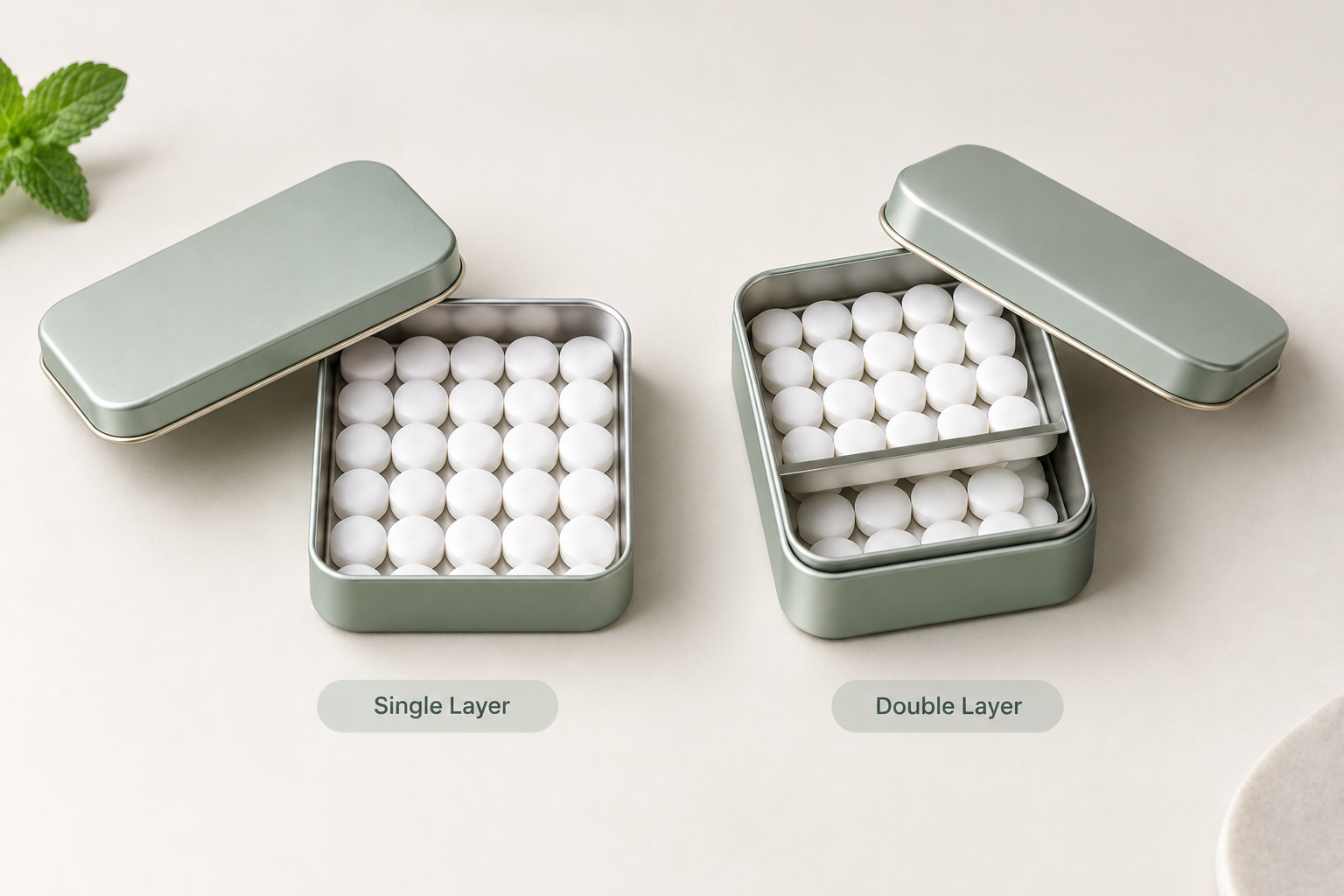 mint tin size comparison for 30 mints in single and double layer arrangements