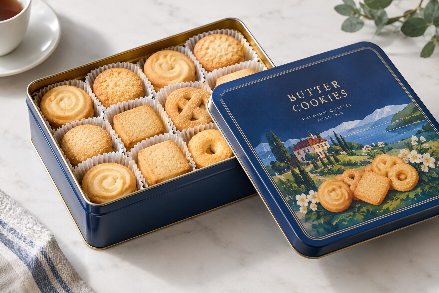 rectangular cookie tin with cookies and printed lid