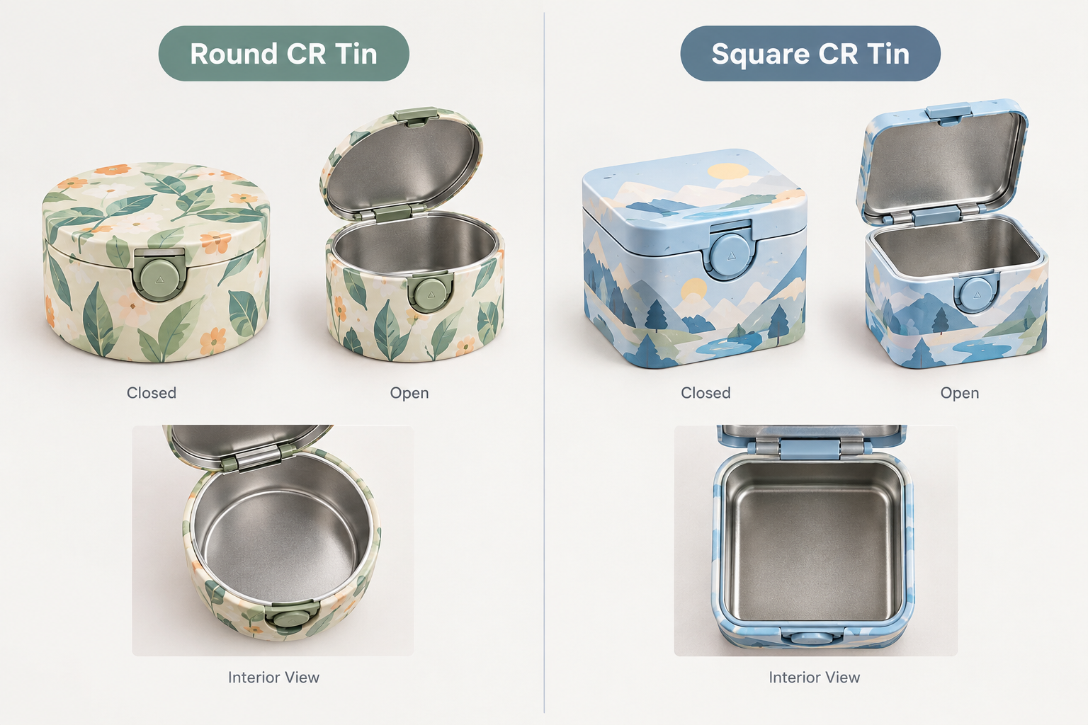 round and square child resistant tin packaging comparison
