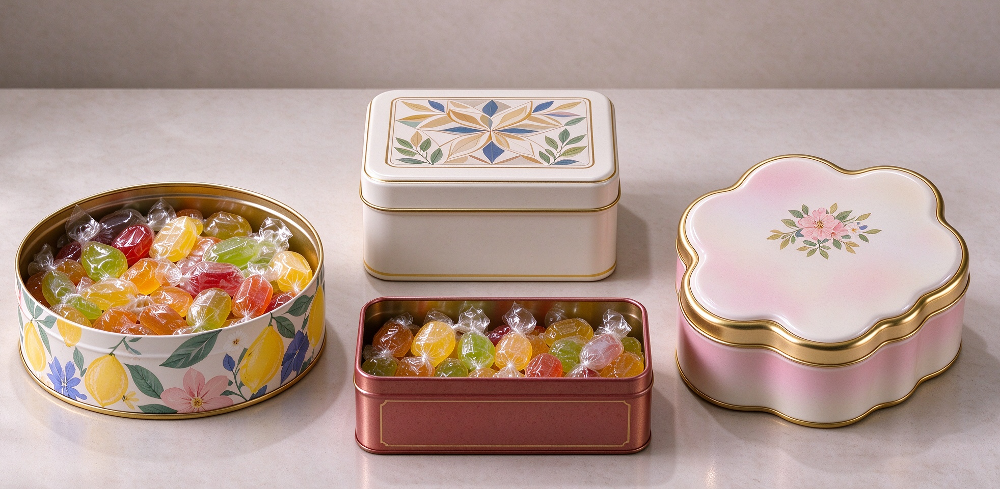 round square rectangular and irregular candy tins