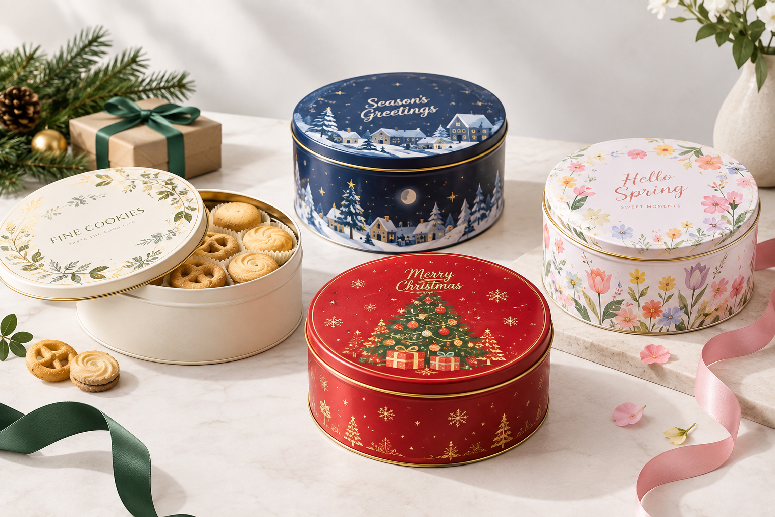 seasonal round cookie tin packaging