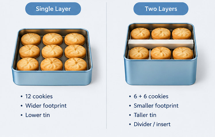 single layer and two layer cookie packing in square tin