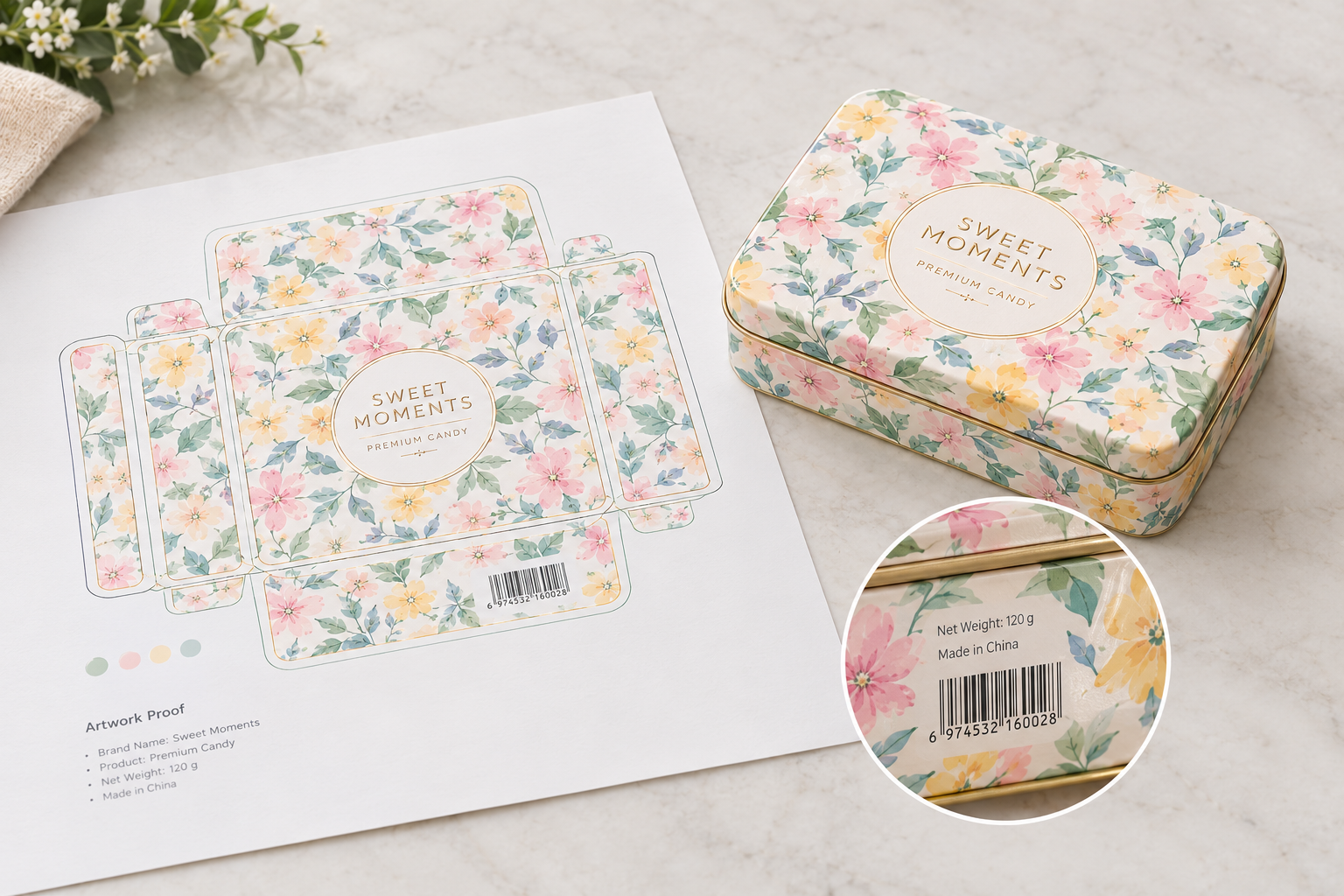 small text and barcode artwork proof for candy tin packaging