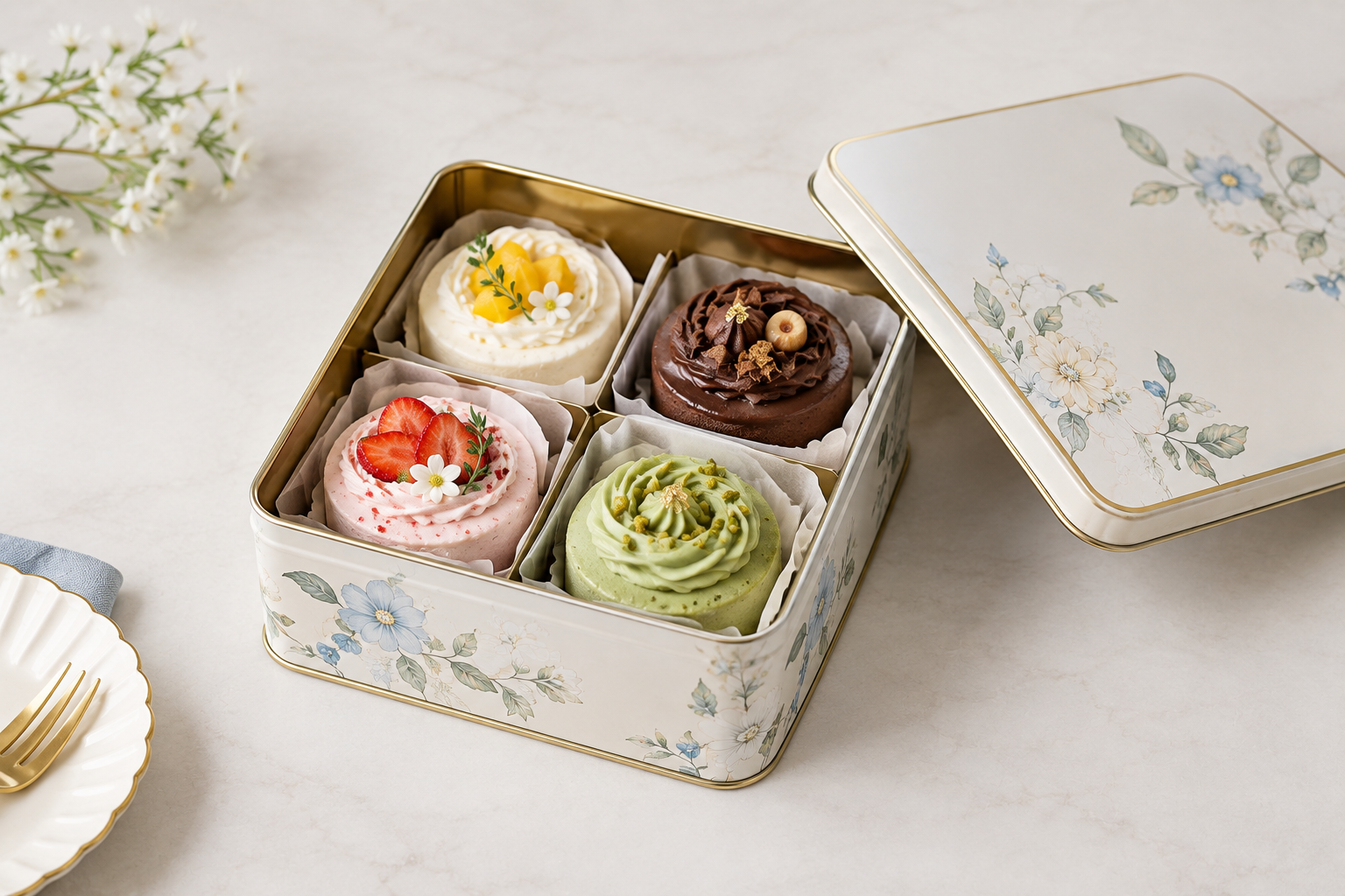 square cake tin with four mini cakes