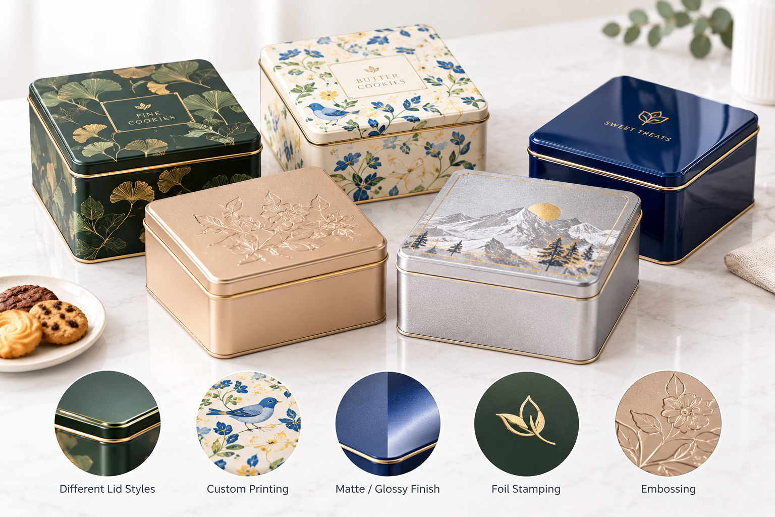 square cookie tin customization with printing and surface finishes