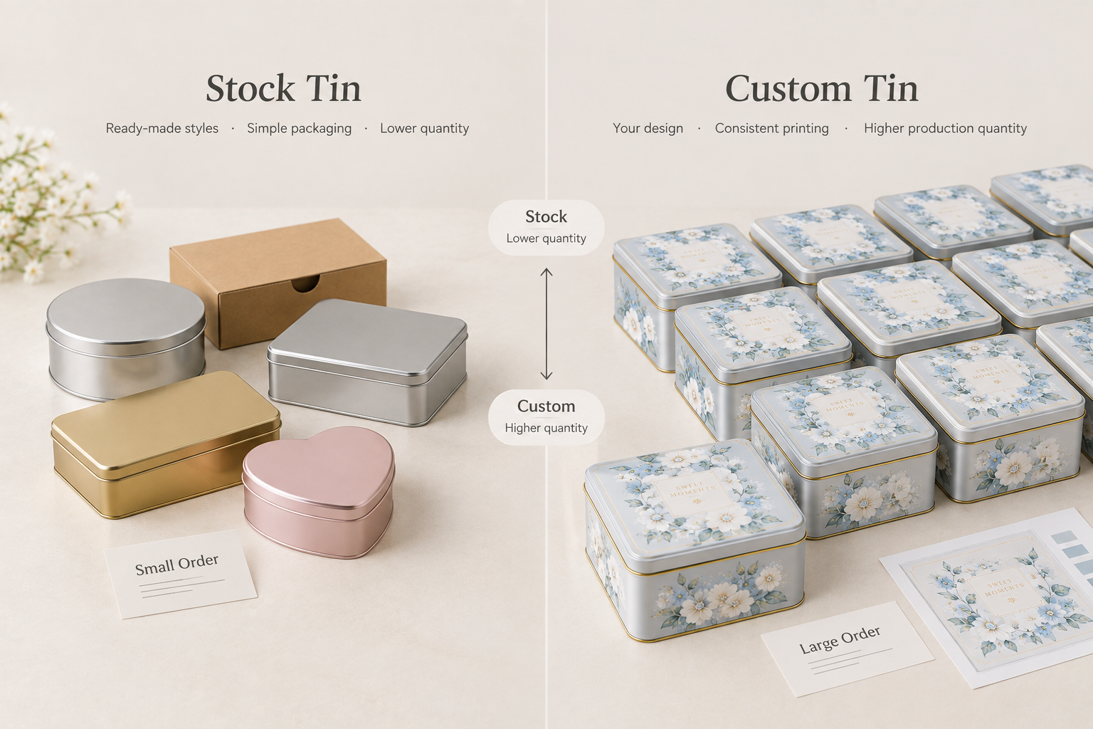 stock tin boxes and custom tin boxes with different order quantities