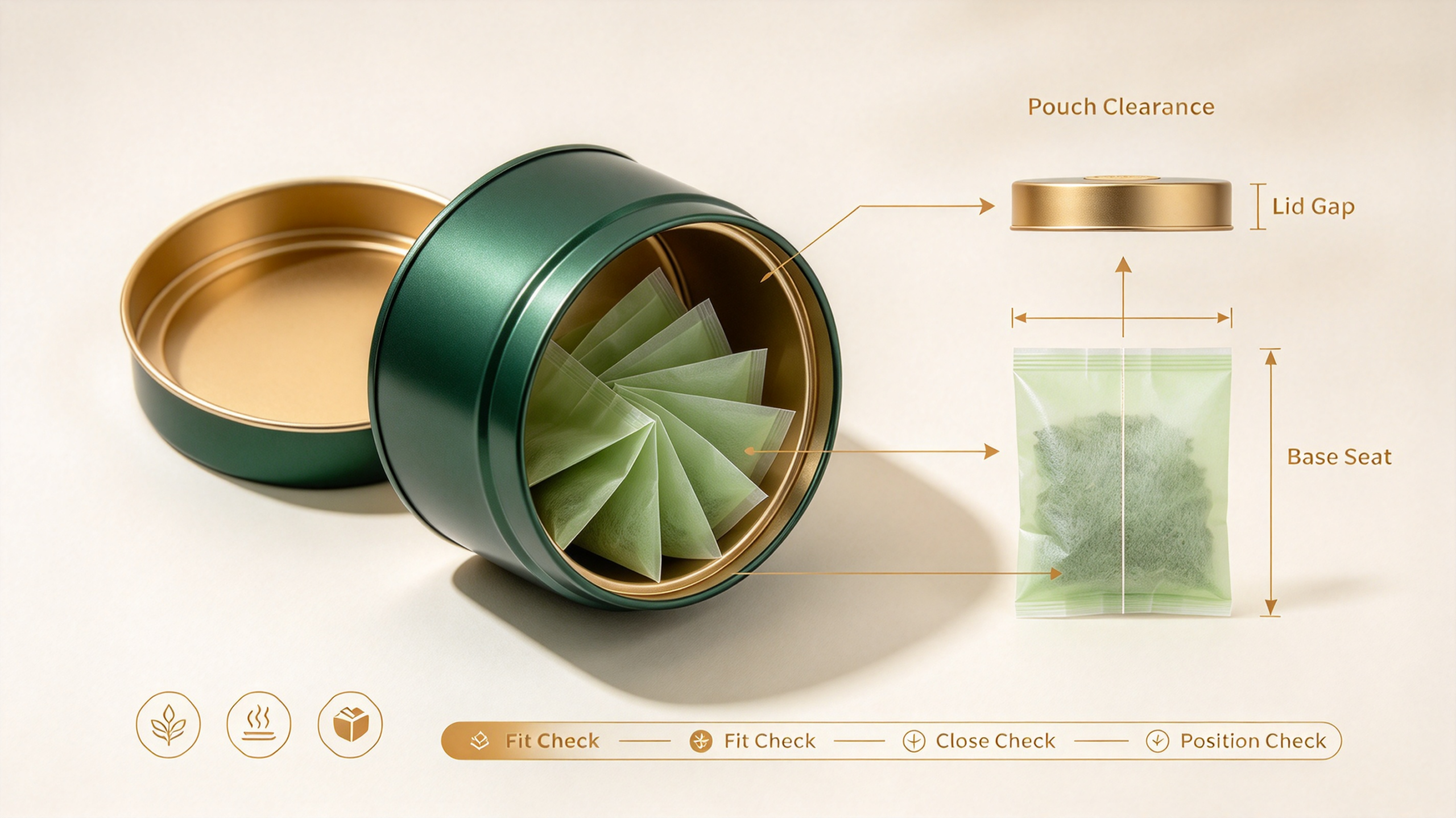 tea tin sample inspection with filled pouch and lid closure