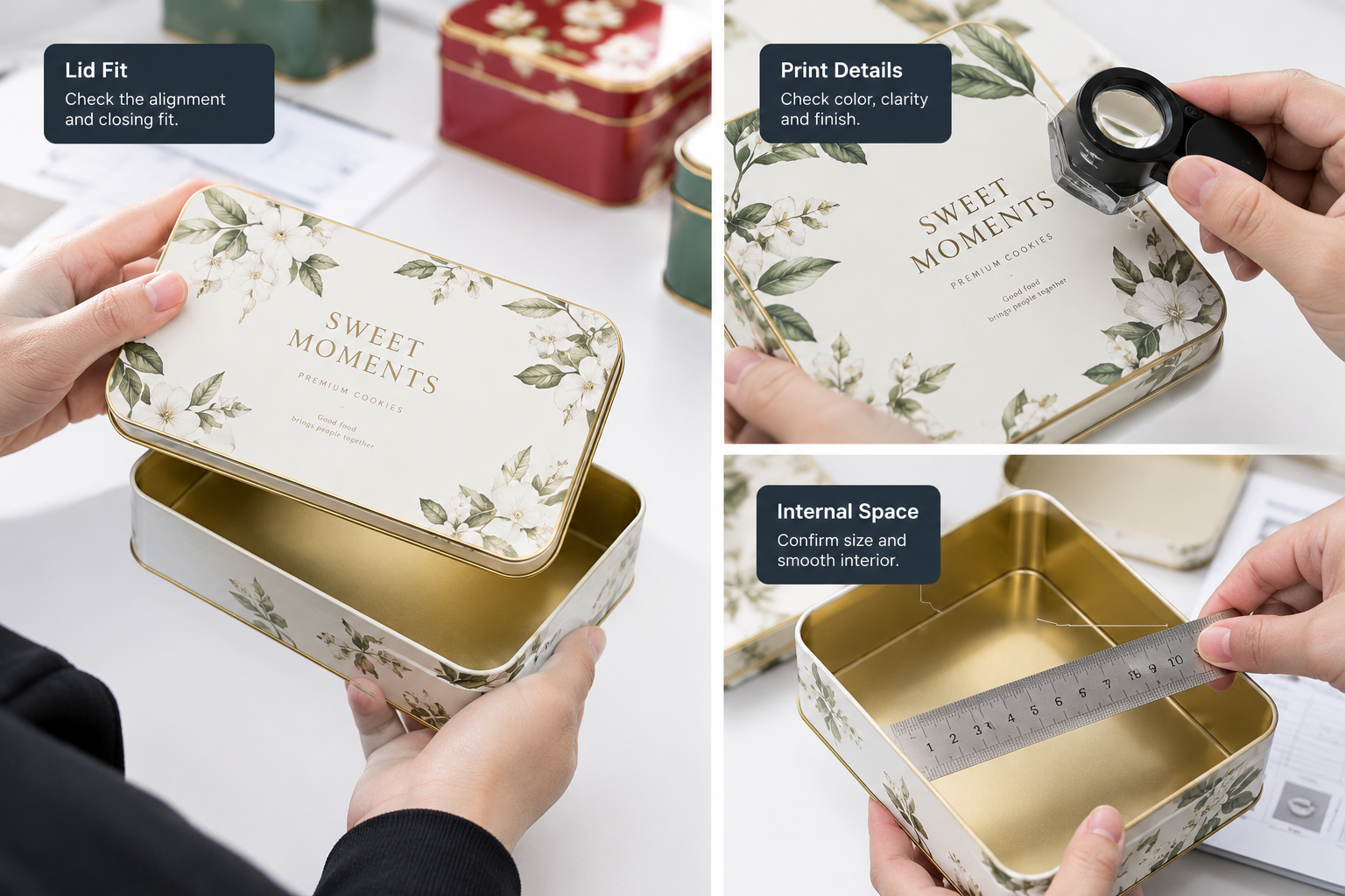 Checking lid fit and printed details on a custom tin box sample before production