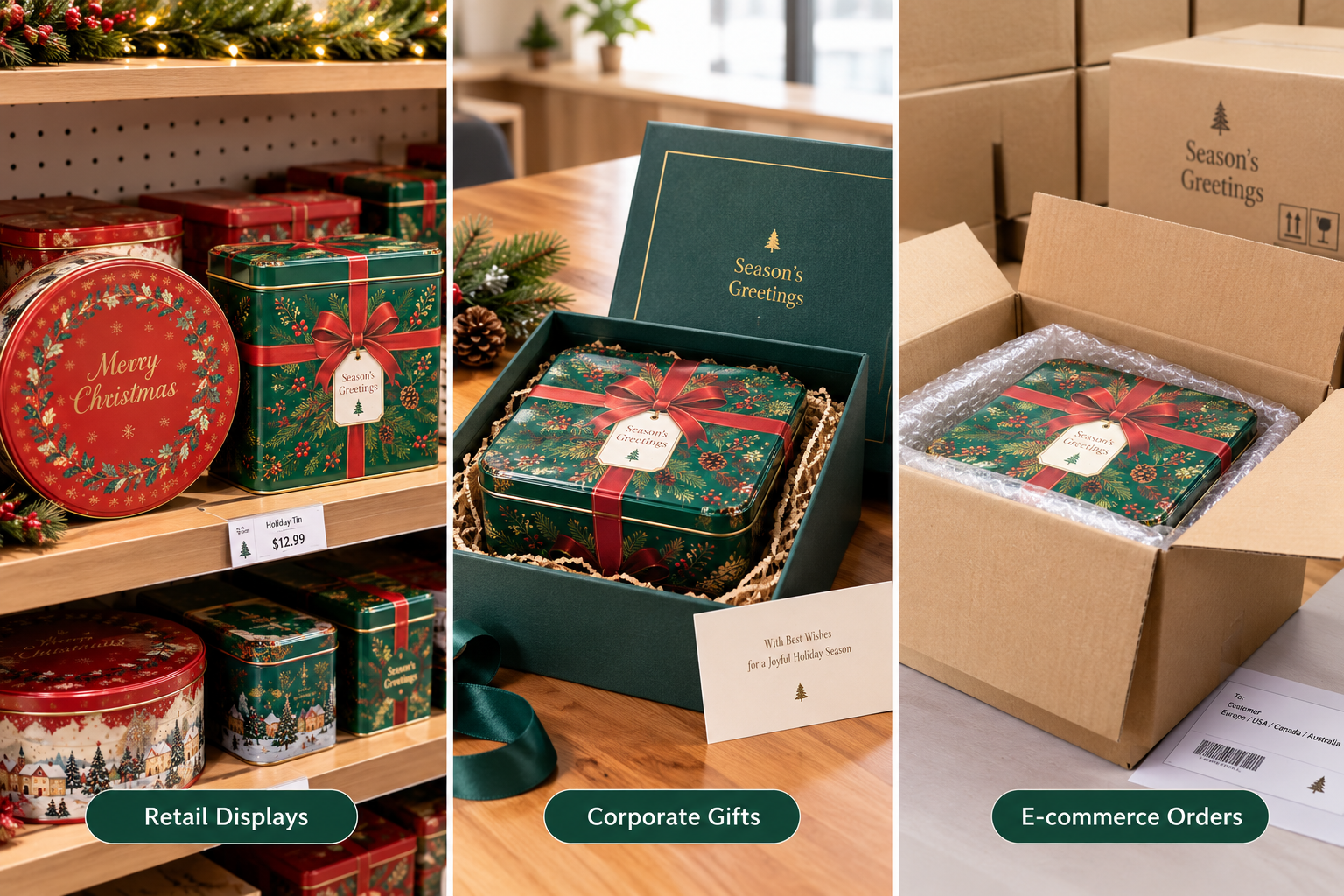 Christmas tin packaging for retail displays, corporate gifts and e-commerce orders