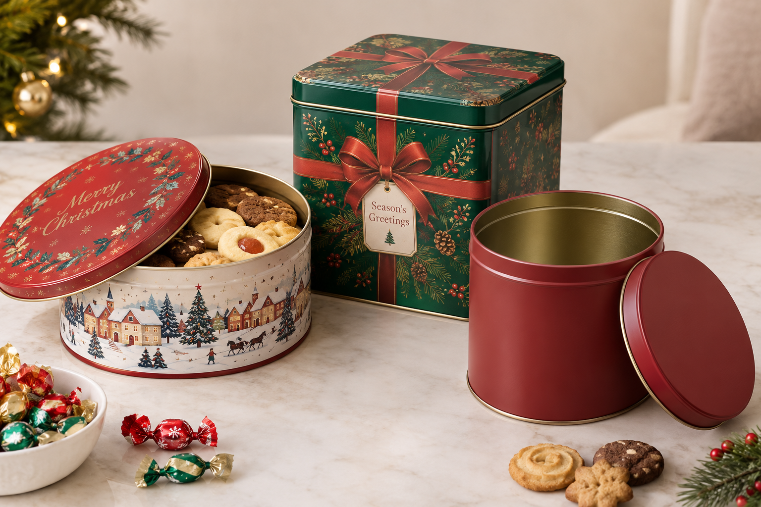 Christmas tins for cookies, candy and holiday gifts