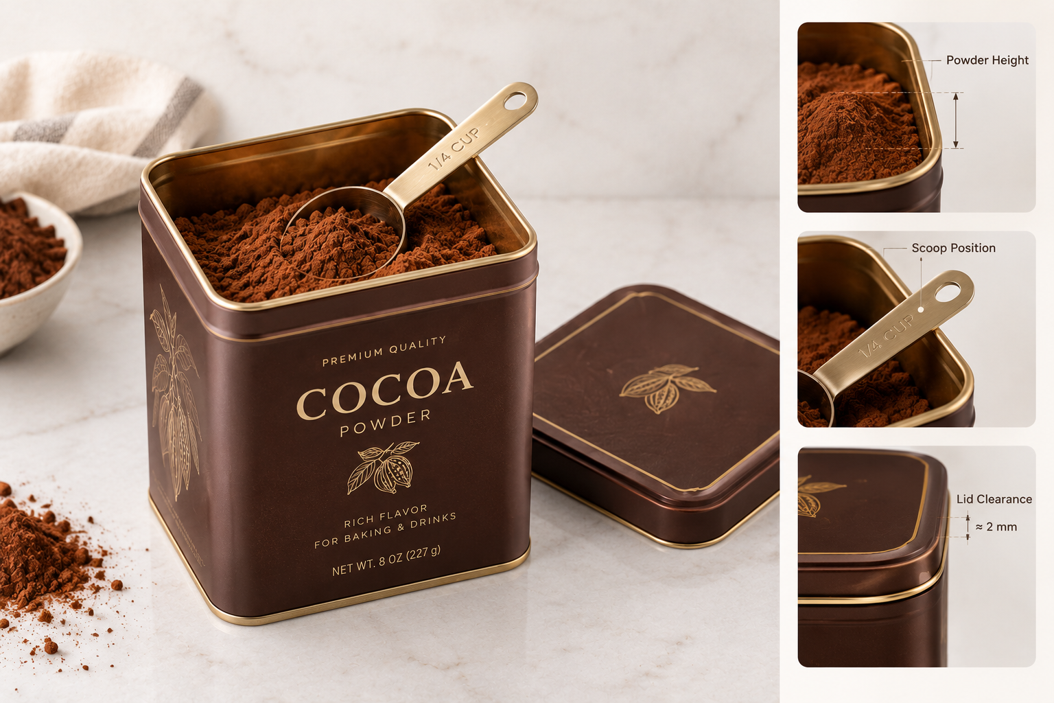 Cocoa tin sample filled with powder showing scoop position and lid clearance