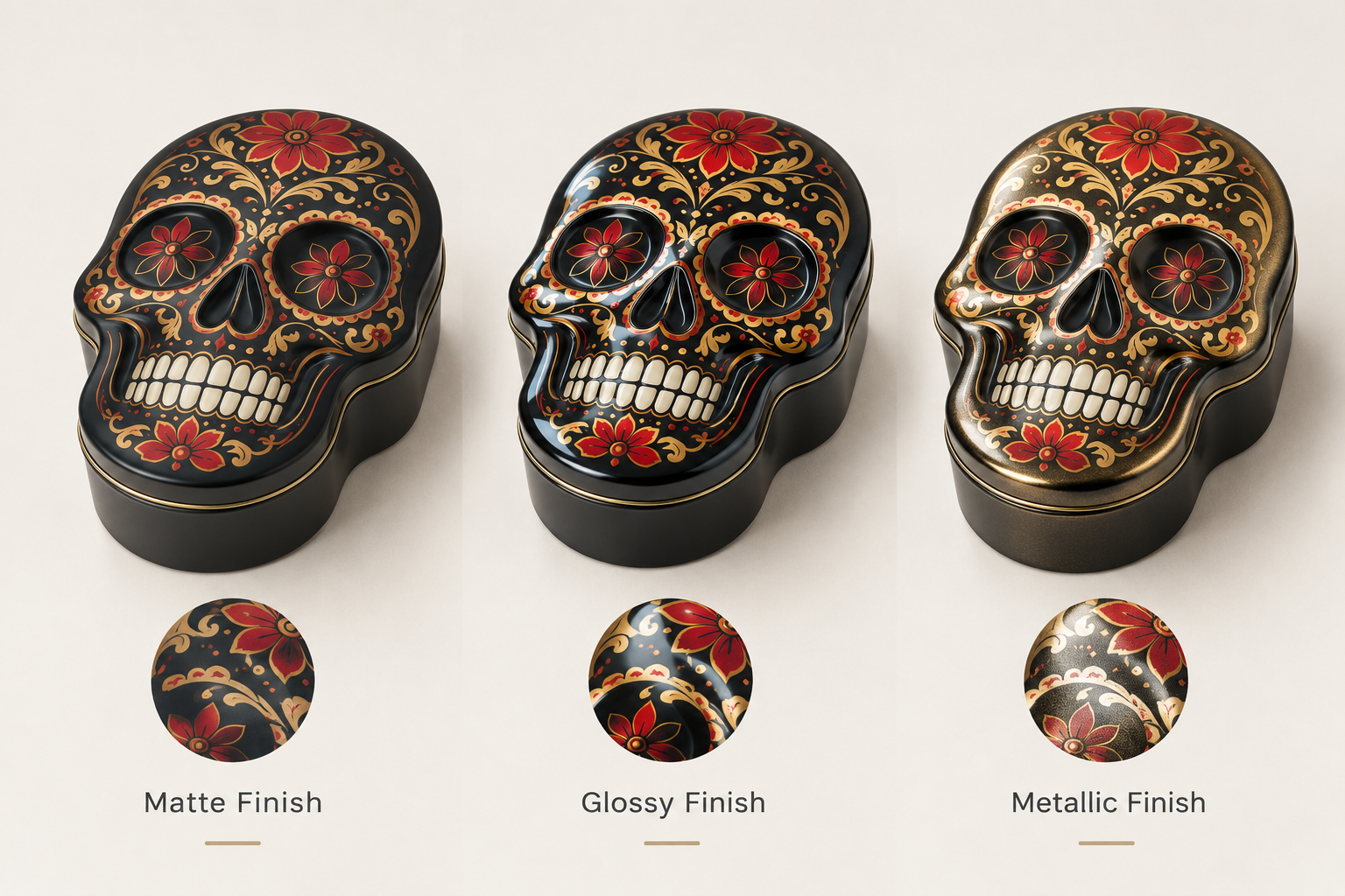 Comparison of the same skull-shaped tin in matte, glossy and metallic finishes