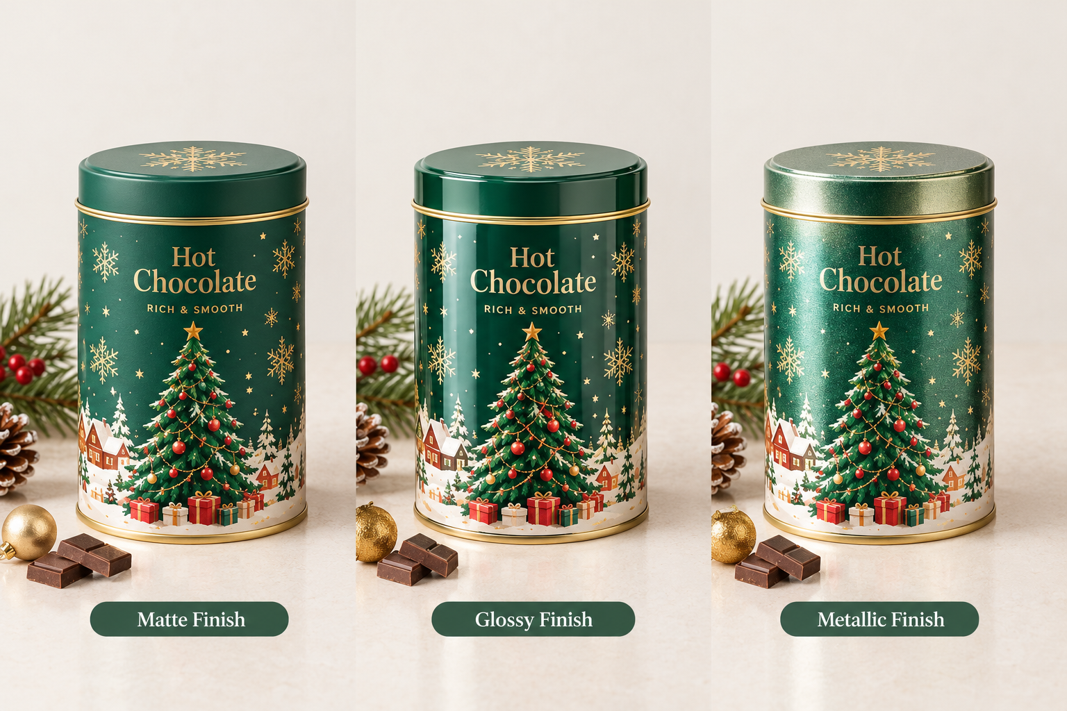 Custom Christmas hot chocolate tins with matte, glossy and metallic finishes