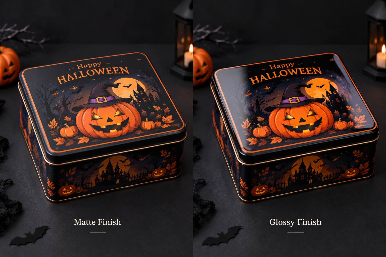 Custom Halloween tin packaging with matte and glossy finishes on a dark background