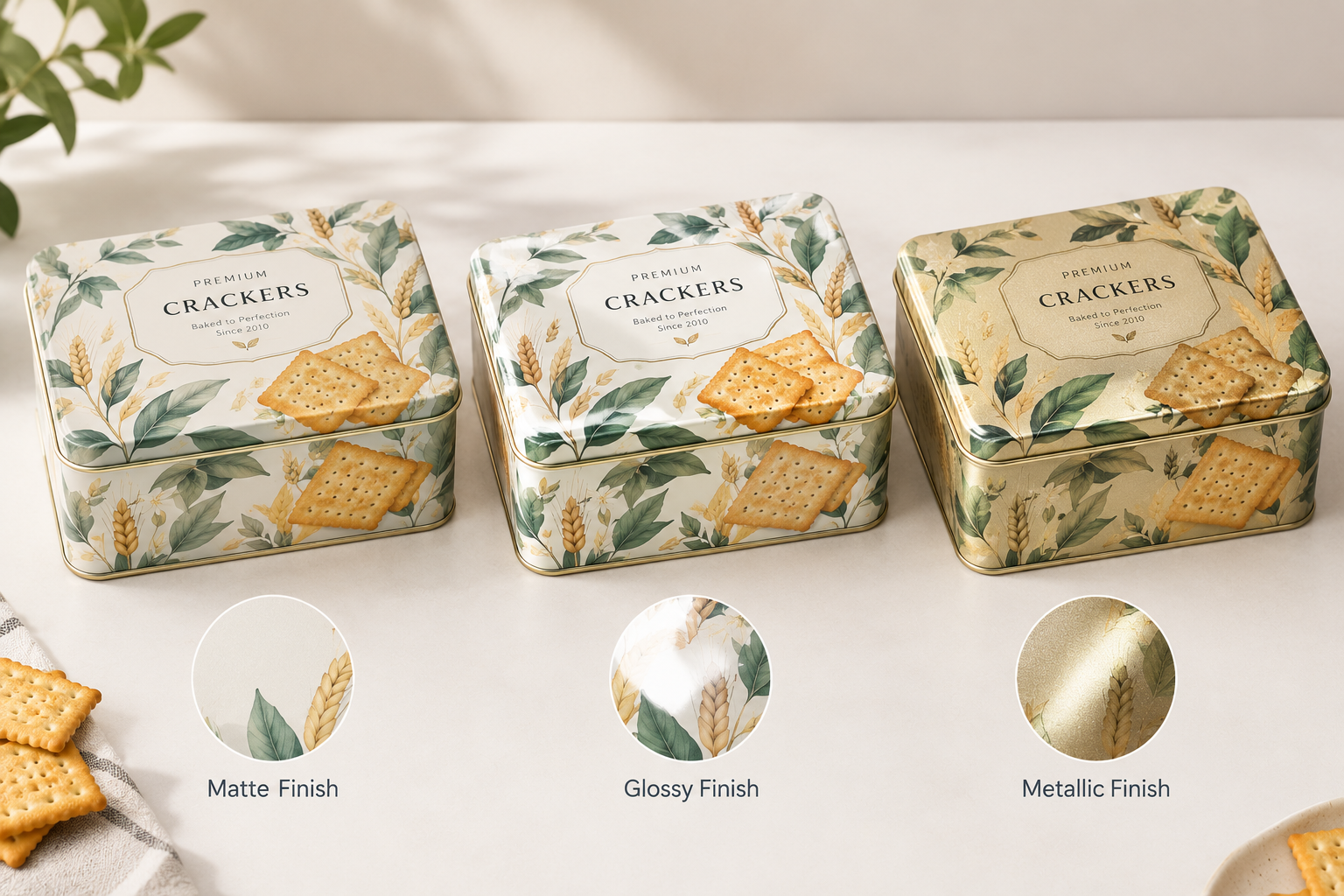 Custom cracker tins with matte, glossy, and metallic-effect finishes
