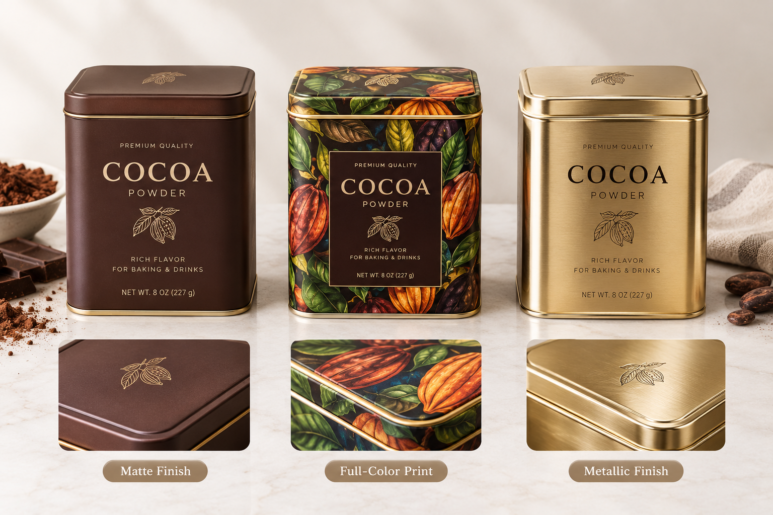 Custom printed cocoa tins with matte, full-color and metallic finishes