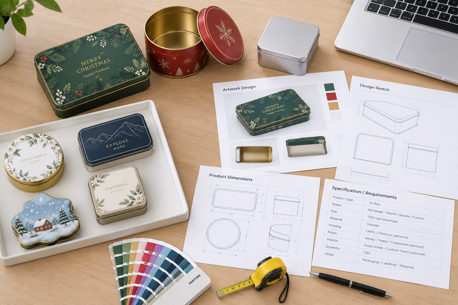 Product sample, dimensions and artwork prepared for a custom tin packaging quote request