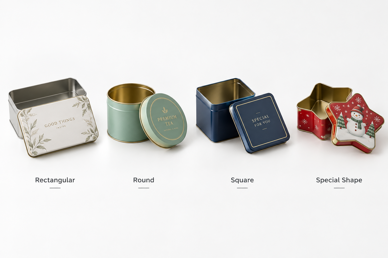 Rectangular, round, square and special-shape custom tin boxes shown side by side