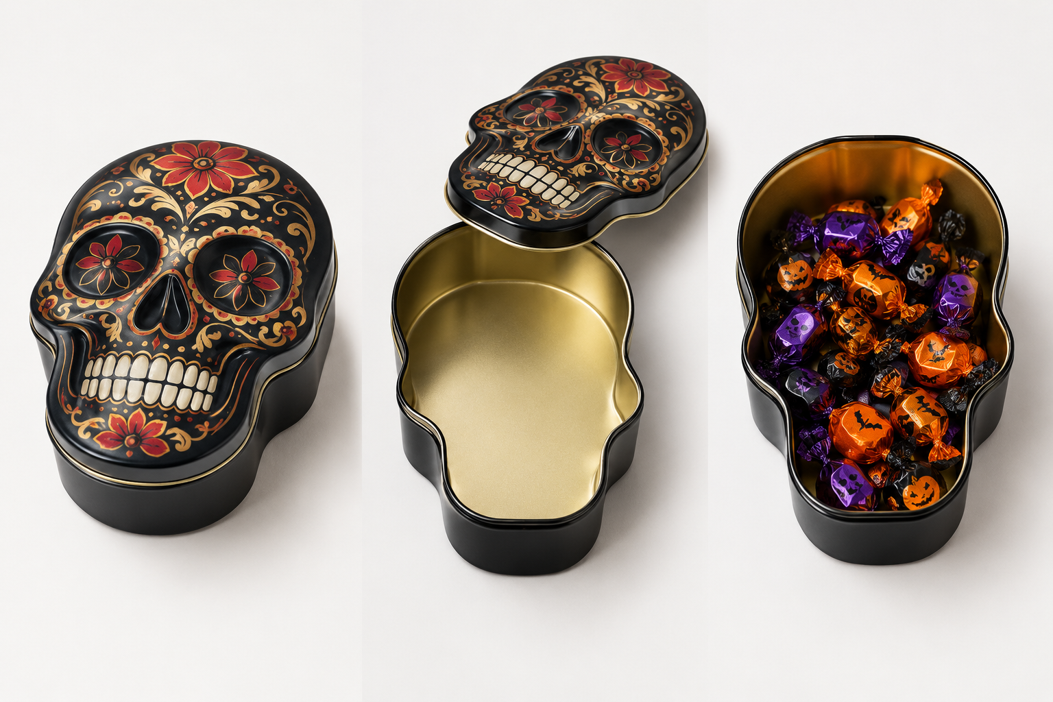 Skull-shaped tin packaging showing the exterior design and internal storage space.