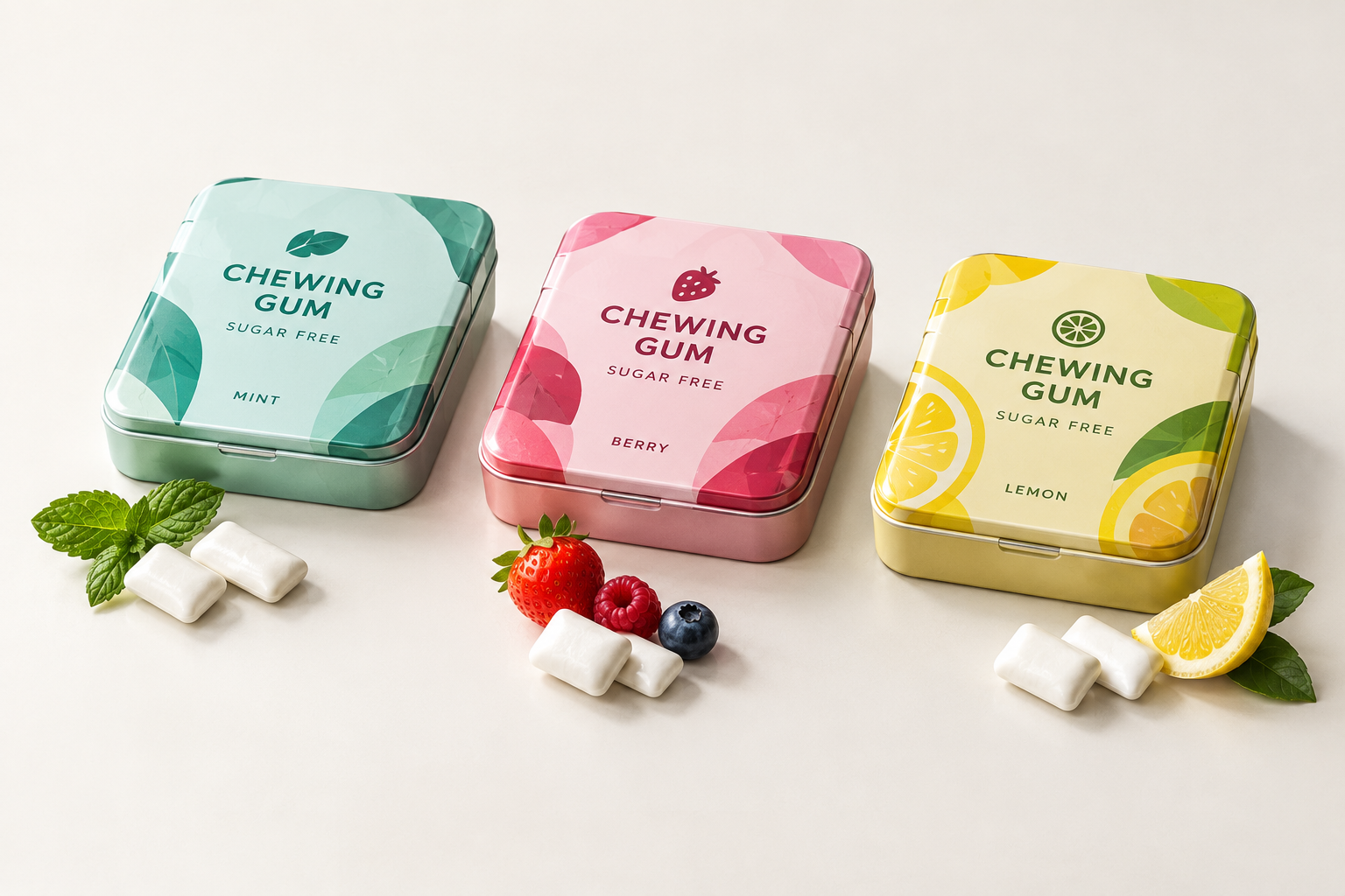 Three custom chewing gum tins with different flavor colorways on the same tin structure