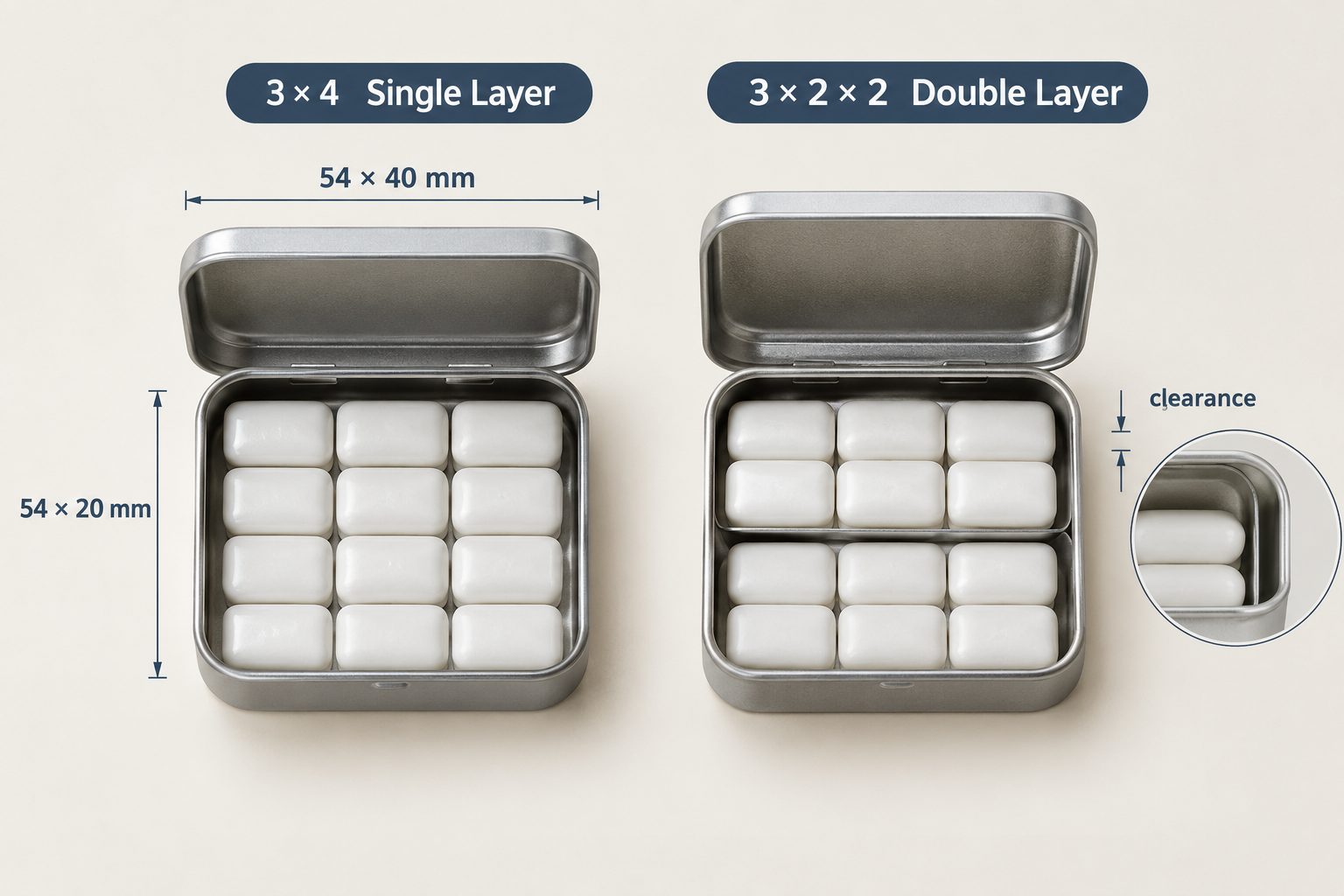 Twelve chewing gum pellets arranged in a single layer and in two layers to compare tin internal size