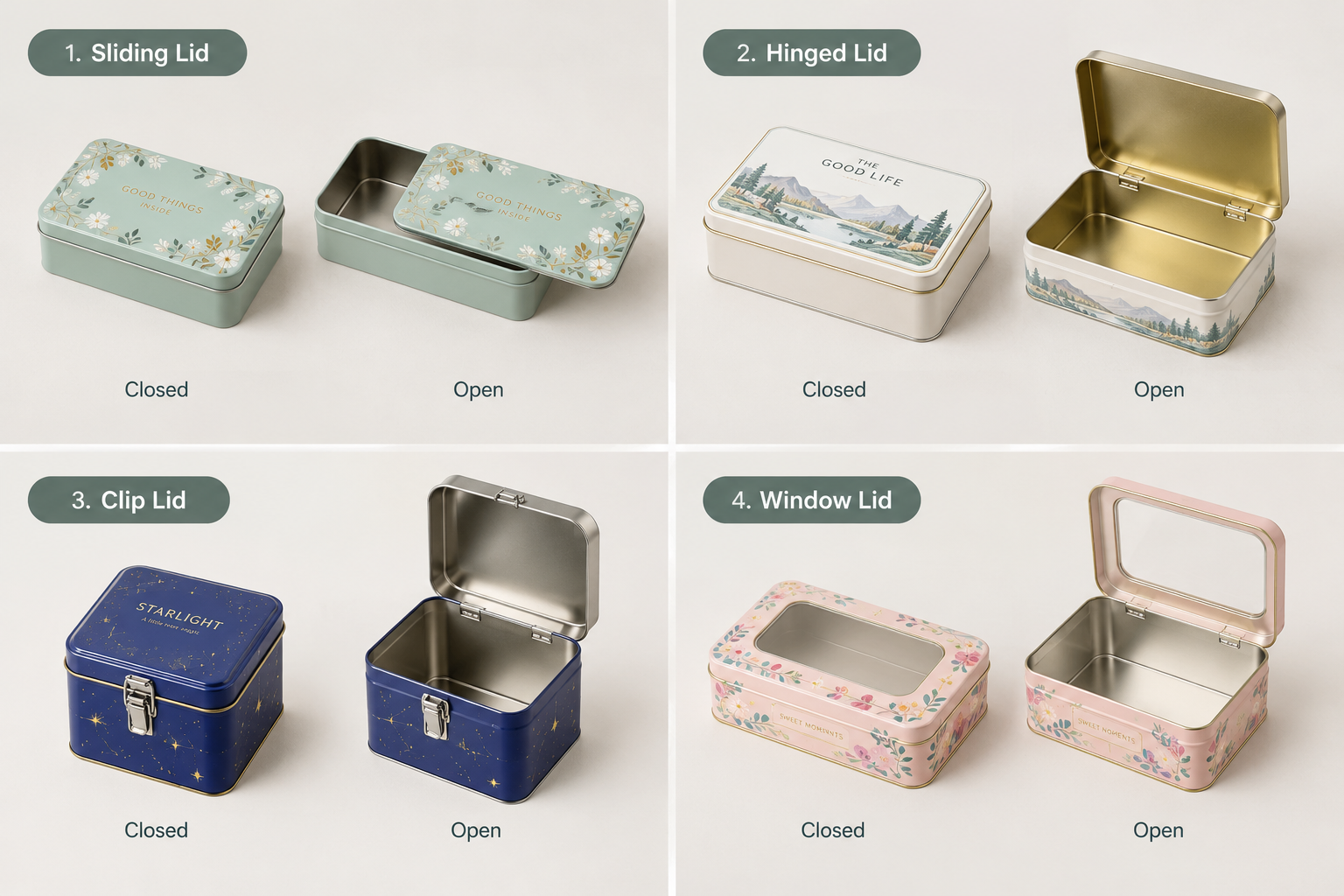 common rectangular tin lid structures, shown closed and open