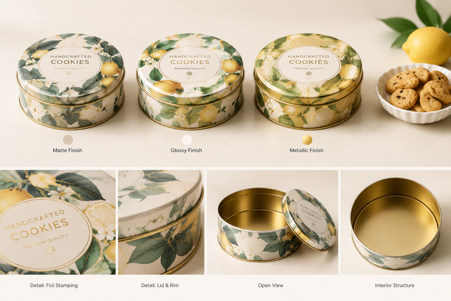 custom food tin containers showing printed finishes and interior structure