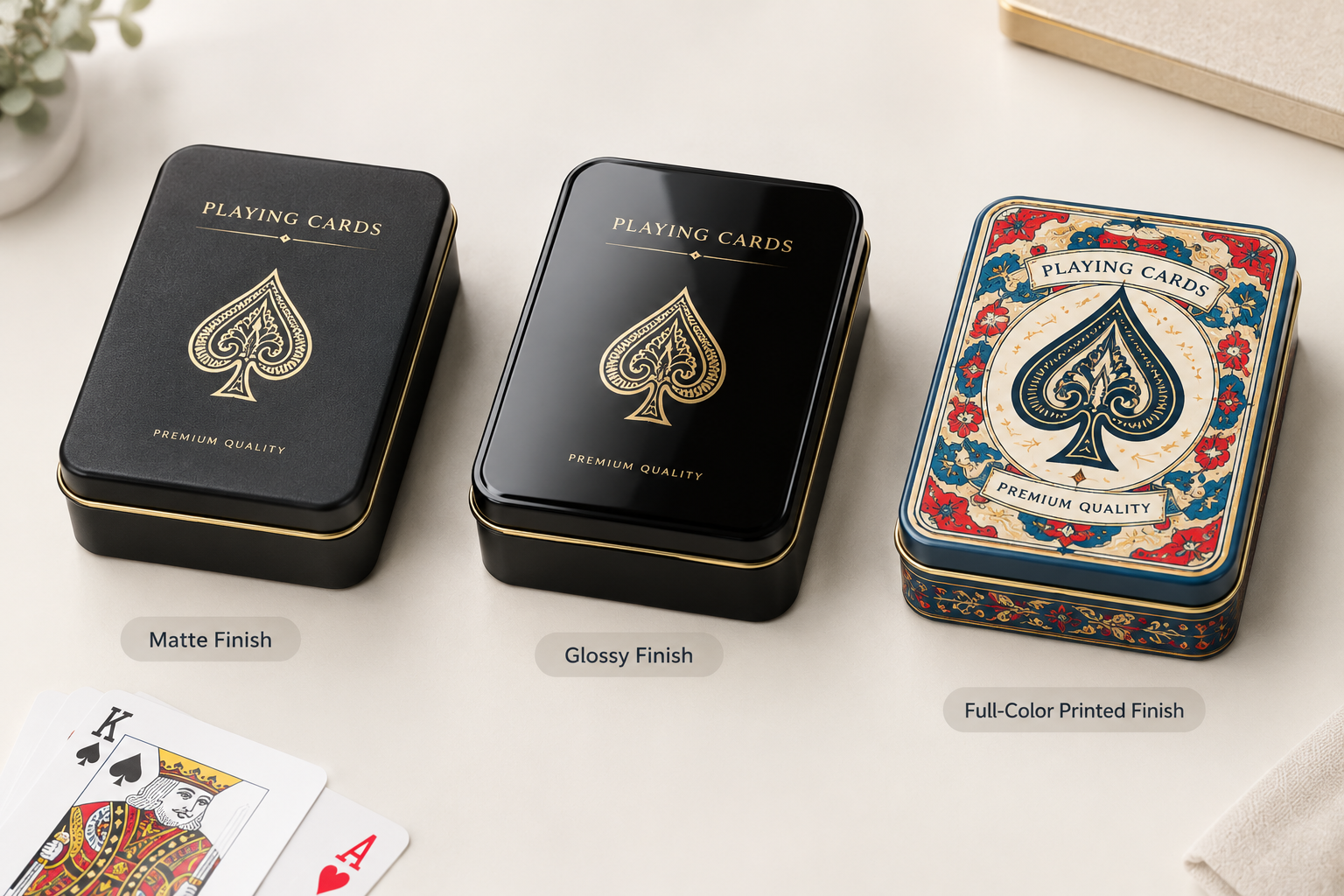 custom playing card tins with matte, glossy, and full-color printed finishes