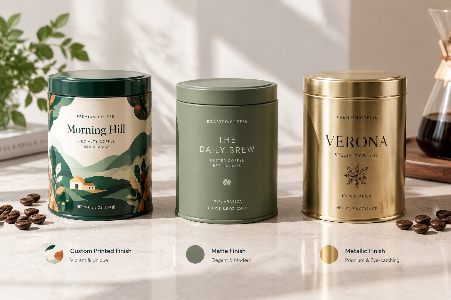 custom printed coffee tins with matte, glossy, and metallic finishes